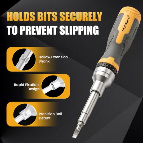 Image of Mulwark 16-in-1 Ratcheting Multi-Bit Screwdriver Set, S2 Steel Screwdriver with 1 /4 inch & 5 /16 inch Nut Drivers, Nickel Coated Anti-Rust screw driver, Max Torque Soft Handle for Home Repair & DIY