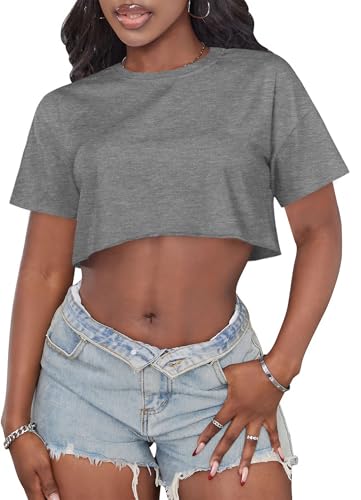 Image of Crop Tops for Women Oversized Short Sleeve T Shirts Crew Neck Cropped Tees