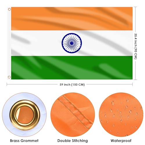 Image of AhfuLife India Flag Indian Flag 3x5 Ft, Large Indian National Flags for Outside - Double Side with Brass Eyelets for Olympic Party Decorations, Bar Garden Street Decoration Indoor Outdoor