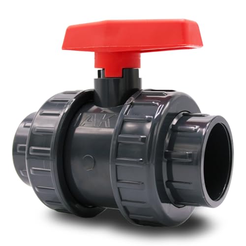 Baumaxxe Válvula de bola PVC 50 mm I Doble unión desmontable radialmente I PN16 PVC-U con juntas EPDM I Corte de paso 2 vías para piscina riego drenaje I bm001