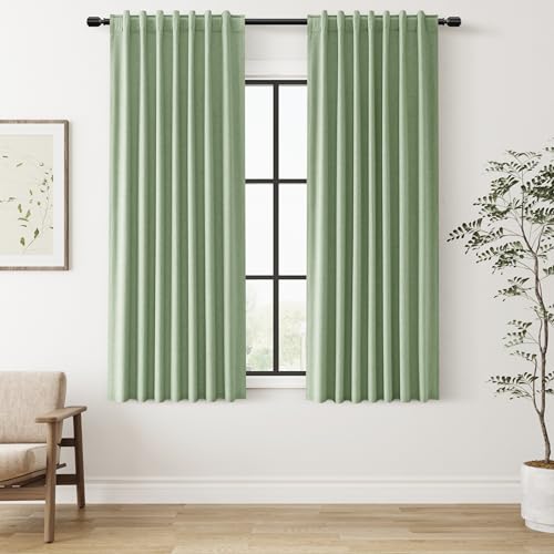 Guken 100% Blackout Linen Curtains 63 Inch Long for Bedroom Light Sage