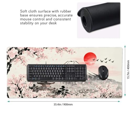 Image of Japanese Mouse Pad 35.4x15.7 XXL Grey Pink Cherry Blossoms Mountain Watercolor Extended Large Mousepad Keyboard Mouse Mat Desk Pad with Non-Slip Rubber Base Stitched Edges for Home Office Game