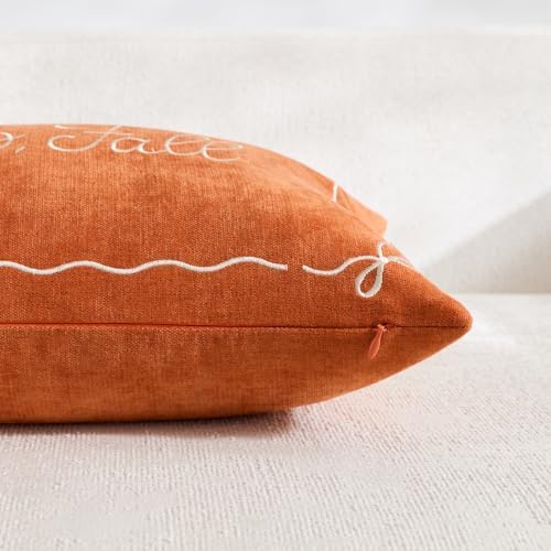 DEZENE Embroidered Fall Pillow Covers 12x20, Hello Fall Decor Farmhouse Autumn Thanksgiving Decorative Lumbar Pillow Case Decorations for Couch Sofa Living Room Bedroom Porch, Orange - 2
