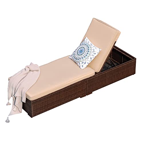 Super Patio Outdoor Chaise Lounge Chair, Patio Pool Lounge Chairs for Outside, Rattan Reclining Chaise Lounger with Adjustable Backrest and Removable Cushion, Beige