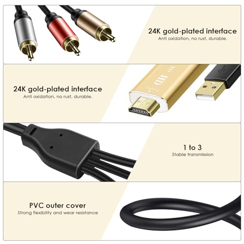 RCA to HDMI Converter for Smart TV - Composite AV to HDMI 1080P Aluminum Alloy Video Audio Adapter for VCR/DVD/VHS Player/Roku/PS2 Game Console - 6 Feet (Golden)