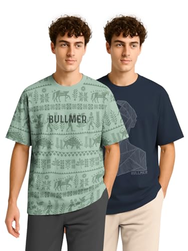 Image of BULLMER Trendy Half Sleeve Oversized Cotton Blend Crew Neck Tshirt for Men - Pack of 2