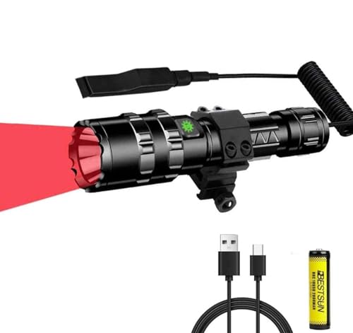 Linterna de Luz Roja,1200 Lúmenes Linterna de Caza Roja 350 Yardas,Antorcha Táctica LED de Largo Alcance con Interruptor de Presión, Luz Depredadora Impermeable para Caza de Coyote,Batería Incluida