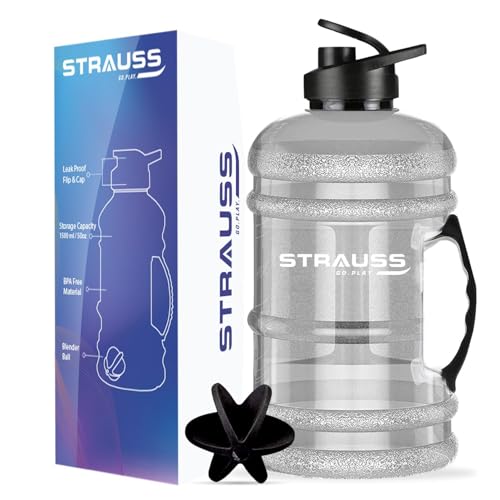 STRAUSS Gallon Shaker Water Bottle 1.5L with Mixer Ball, (Transparent, White Shade)