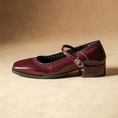 Image of Theater Miss Newton Mary Jane Block Heels with Vintage Textured Detailing for Women | Adjustable Cross-Strap Buckle and Comfort Sole for Office, Formal