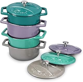 Navaris Cast Iron Round Cocottes (Set of 4) - 10.5cm Mini Cocotte Casserole Dishes with Enamel Coat, 290ml - Dishwasher-Safe - Teal/Violet/Green/Grey