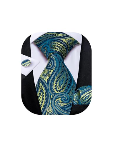 Image of DiBanGu Mens Paisley Tie Set Silk Woven Jacquard Necktie and Pocket Square Cufflinks Gift Set for Wedding Bussiness