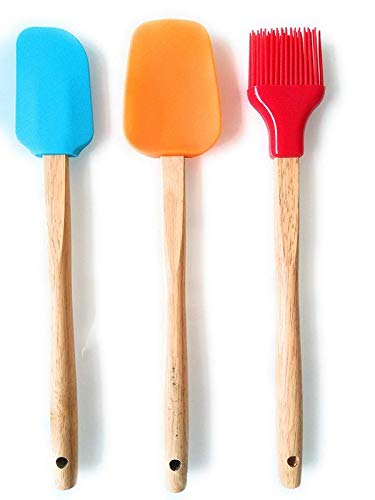 Silicone and Wooden Handle Spatula, Brush, Kadachi (Multicolour, 12 Inch)-Set of 3