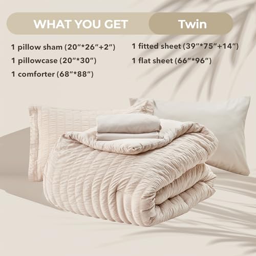 HYMOKEGE Beige Twin Comforter Set Seersucker 5 Pieces, All Season Luxury Bed in a Bag for Bedroom, Bedding Set with Comforters, Sheets, Pillowcase & Sham by HYMOKEGE - Image 6