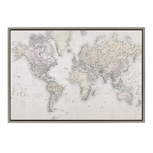 Kate and Laurel Sylvie Vintage World Map Framed Canvas Wall Art by The Creative Bunch Studio; 23x33 Gray; Decorative Map Art for Wall by Kate and Laurel - Used condition - US$71.90