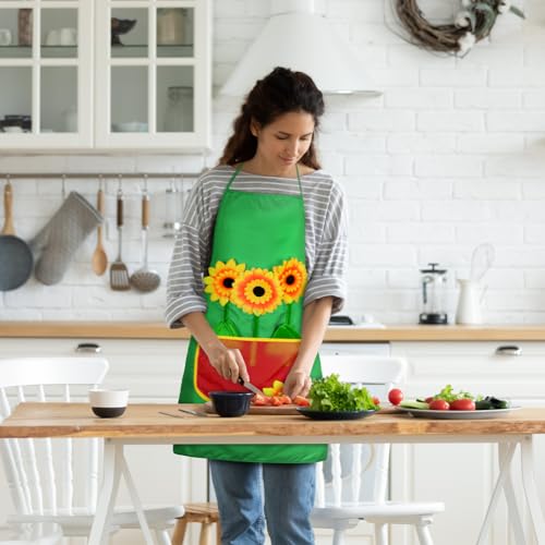 AYBUY Gärtnerschürze, Grün Sonnenblumen Schürze Gärtner, Gärtnerin Kostüm Grillschürze mit Taschen, Unisex Design für Karneval, Kostümpartys und Mottopartys