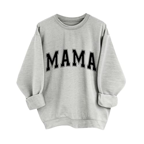 HUIFUAO Mama Sweatshirt for Women Plus Size Autumn Trendy Pullover Funny Letter Print Sweatshirt Crew Neck Loose Casual Long Sleeve Tops (Grey, M)