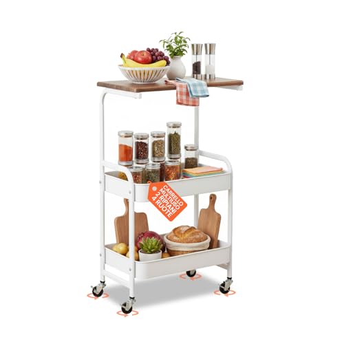 Avilia - Carrello Cucina Multiuso 77x43x30 cm con 2 Ripiani in Metallo e Legno, Facile da Spostare con 4 Ruote Girevoli, Ideale come Mobile Salvaspazio per Casa e Ufficio