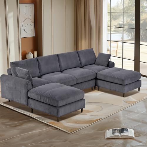 Modern Corduroy Modular Section Sofa, U-Shaped Convertible L-Shaped Sofa Set