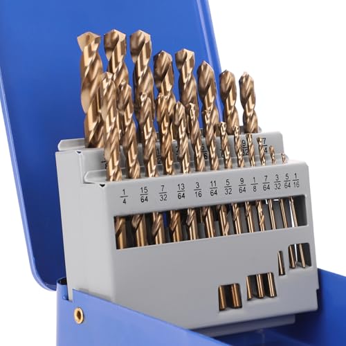Cobalt M35 High Speed Steel Drill Bit Set for Metal and Titanium Alloys - 21 Piece Jobber Length Set with Storage Case