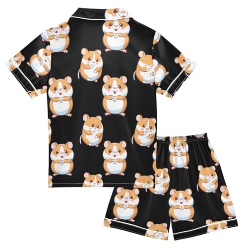 ALAZA Cute Animal Hamster Black Pajamas Satin Pajama Set Short Sleeve Button Down Sleepwear2
