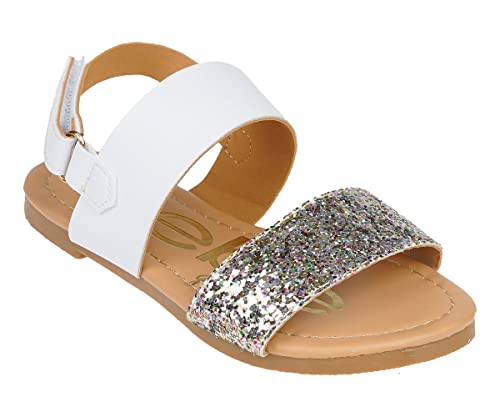 Image of bebe Girl's Sparkly and Strappy Glitter Leatherette Flat Sandals with Adjustable Strap (Toddler /Little Kid)