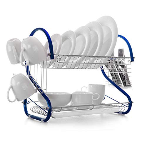 MegaChef 16 Inch Two Shelf Iron Wire Dish Rack in Blue