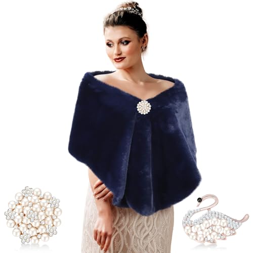 Jadive Women's Faux Fur Shawl Wrap Fake Fur Stoles Scarf Shrug Bridal Winter Wedding Evening Dress with 2 Rhinestone Brooches