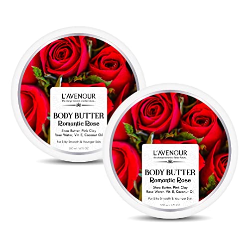 Image of L'avenour Romantic Rose Body Butter for Dry Skin for Women & Men with Shea Butter, Rose Water & Vitamin E | Non-Greasy Rose Moisturizer - 200ml (Pack of 2)
