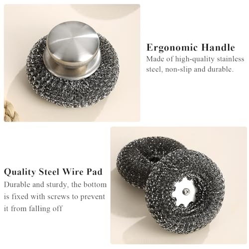 Image of Kyraton Stainless Steel Scourers with Handle to Protect Your Hand Set of 5, Big Metal Wire Wool 4 x 4in Confortable to Hold and Durable and Strong