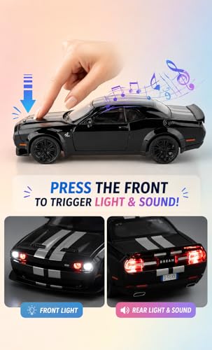 Image of Dodge Challenger SRT Hellcat Diecast Toy Car 1:36 Scale Pull Back Model Car with Sound & Lights, Openable Doors & Hood, Zinc Alloy Metal Muscle Car for Kids Boys Collectors
