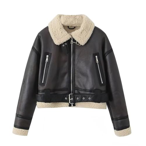 Puffer Jacke Damen Lederjacke Damen Vintage Gefüttert mit Fellkragen Reißverschluss Warme Ledermantel Frauen Große Taschen Winddicht L Coffee