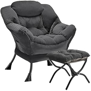 Congermom Lazy Chair with Folding Ottoman Modern Large Accent Chair,Contemporary Lounge Leisure Sofa Chair with Armrests Upholstered Sofa Armchair Reading Chair for Bedroom,Dorm & Office (Dark Grey-f)