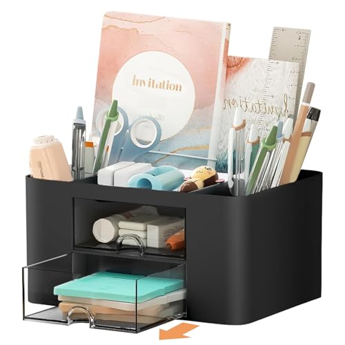 Stationary Organiser 7-Grid Desk Organizer with Drawer – Multifunctional Plastic Table Organizer & Pen Holder for School, Office, and Home (Black)