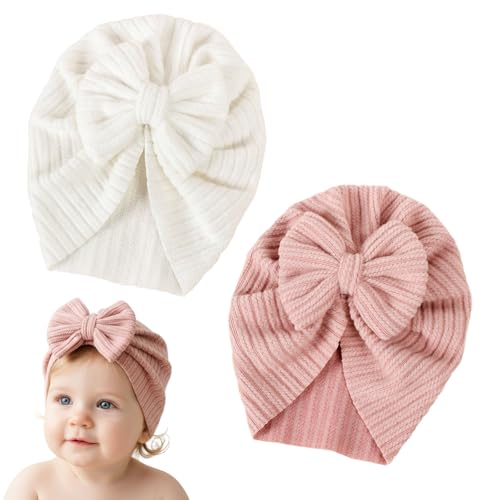 2 Pièces Bonnets de Naissance, Nouveau-né Bambin Doux Mignon Tricoté Chapeau, Bonnet Bebe Naissance avec Nœud für Neugeborene, Kleinkinder(Rose et Blanc)