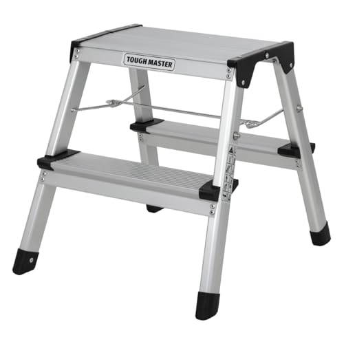 Step Ladder Double-Sided Folding Step Up Stool 20 x 33.5cm Heavy Duty Hop Up Aluminium Platform 150kg Capacity Multi-Purpose DIY Indoor Outdoor Usage TOUGH MASTER (2 Steps)