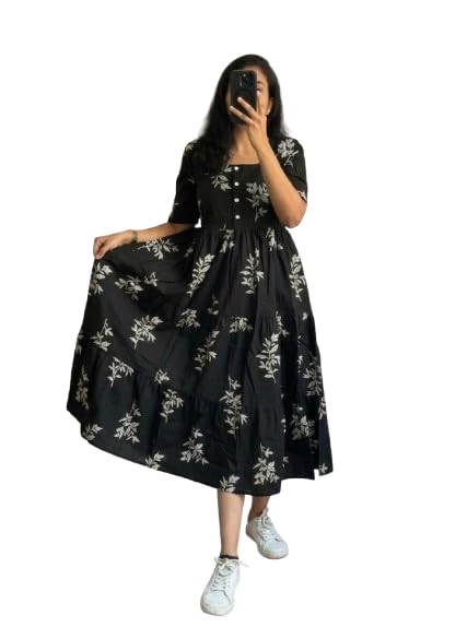 Image of Women's Cotton Floral Leaf Print Tiered Midi Dress - Square Neck, Short Sleeve A-Line Smock Dress for Casual Summer & Vacation Wear