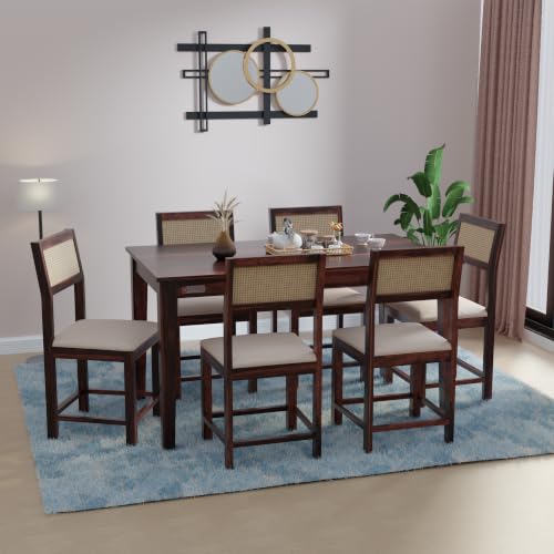 Image of DRIFTINGWOOD Amber Solid Sheesham Wood 6 Seater Dining Table Set with Rattan Back Chairs | Beige Velvet Cushioned Seating for Home & Dining Room (Walnut Finish, DIY)