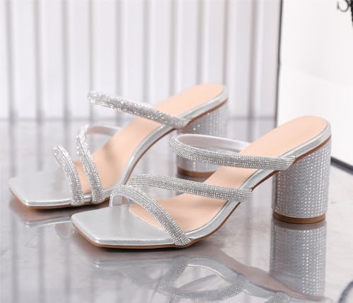 kkdom Women's Square Open Toe Glitter Chunky Heels Sandals Sparkle Bling Rhinestone Short Heels Mule Sandals Slip On Block Heels4