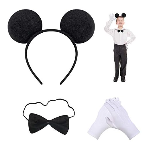 SEELOK 1 pcs Diadema Ratón Niña,Orejas de Ratón con 1 par Guantes Blancos 1 pcs Pajarita Negra Accesorio para Fiesta de Disfraz Carnaval Parques de Atracciones Mujeres Niños Niñas