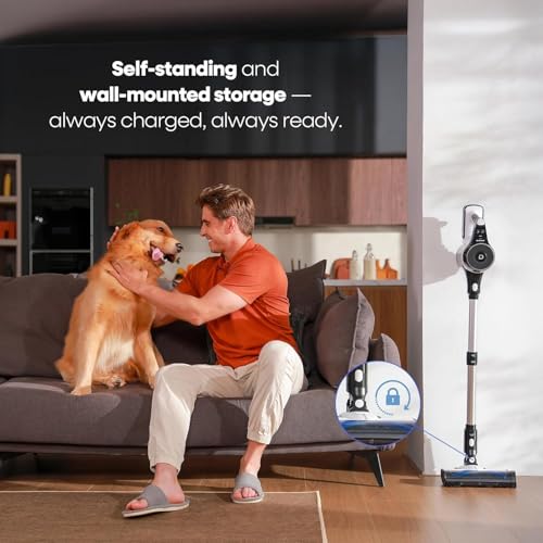 Image of YONNDER Cordless Vacuum Cleaner, 550W 50KPA 70Mins Powerful Vacuum Cleaners for Home, with Anti-Tangle, LED Display Screen, Self-Standing Stick Vacuum for Hardwood Floors /Pet Hair /Carpet, M1, Silver