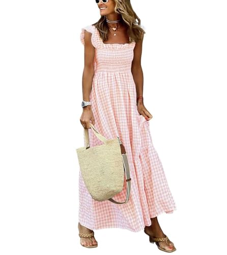Image of chouyatou Women's Retro Plaid Smocked Dress Spaghetti Strap Flounce Long Dress