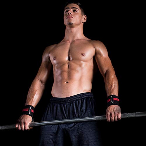Image of ProsourceFit Pair of Barbell Weight Lifting Wrist Wraps Support with Thumb Loop, Red