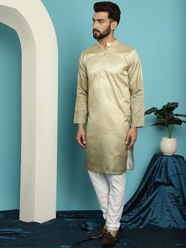 Image of SOJANYA (Since 1958, Men's Jacquard Silk Multi Shade Sequinned & White Pyjama Set