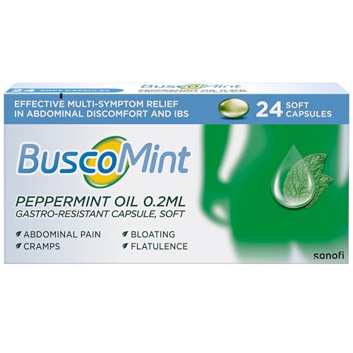 Buscomint 0.2 ml Peppermint Oil - IBS Multi-Symptom Treatment Soft Gel Capsules 24 count (Pack of 1) 100% Natural Active Ingredient Preservatives Free