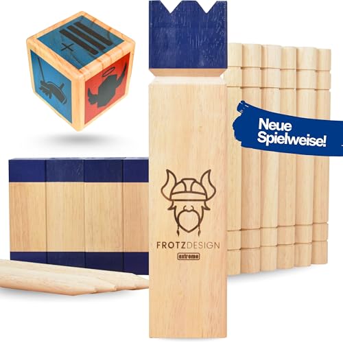 FrotzDesign Kubb Extreme – El nuevo juego vikingo azul real premium | alta calidad resistente – juguete original para exteriores de madera | ahora con dados juegos al aire libre para niños juguetes de