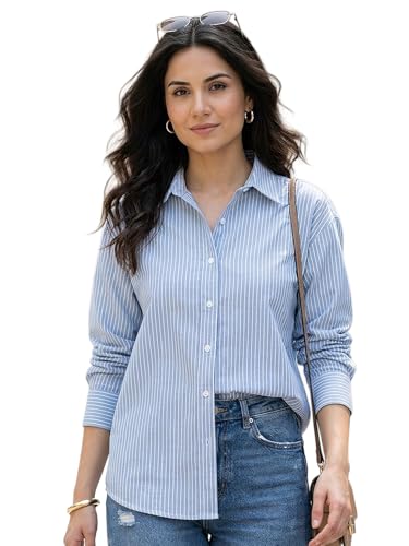 Image of Urbano Fashion Women's Cotton Full Sleeve Oversized Fit Casual Striped Shirt with Spread Collar