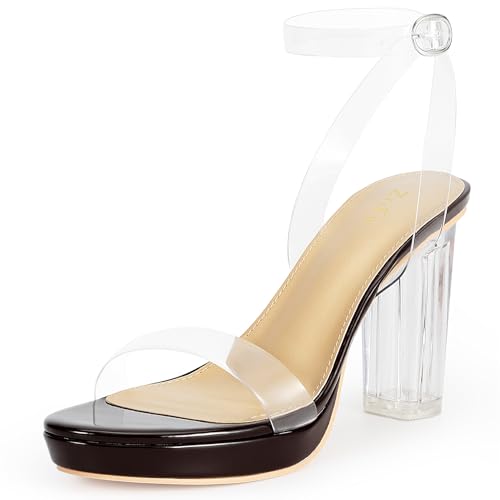 Image of ZriEy 4-Inch Platform Clear High Heels for Women Block Chunky Heeled Sandals Open Toe Ankle Strap Heels Wedding Party Evening Prom Dress Pump Sandal Shoes
