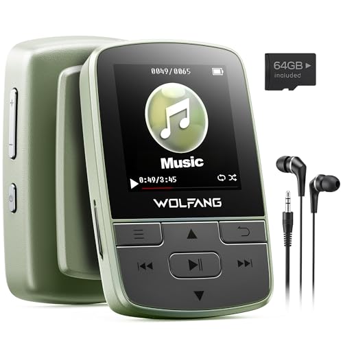 WOLFANG Reproductores MP3 de 64 GB con Bluetooth 5.3, Clip Deportivo, tamaño Mini, Peso de 1 Onza, Radio FM HiF, grabadora de Voz, Auriculares incluidos, Verde Militar