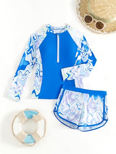 Image of SEGT Girl's Floral Long Sleeve Rash Guard with Bikini Bottom 2 Piece Swimsuit Set