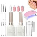 French Manicure Kit, Jelly Pink and White Gel Nail Polish Set for French Tips, French Manicure Nail Polish with Nail Stamper, Nail Lamp and 3Pcs Nail Art Pen, Long Lasting UV Nail Gel for DIY Nail Art